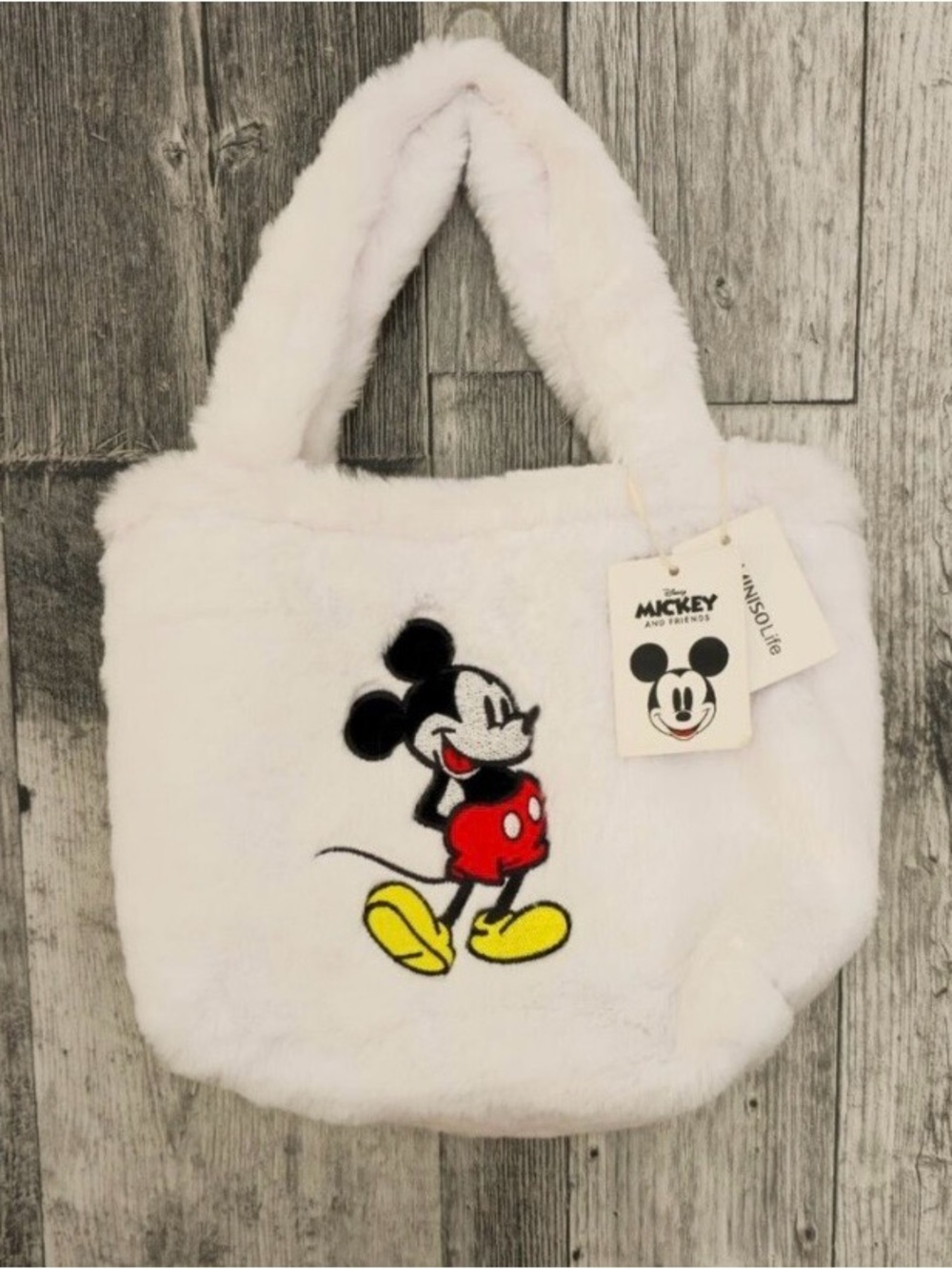 Mickey Mouse Faux Fur Fuzzy Tote Bag NWT White Plush Miniso Disney